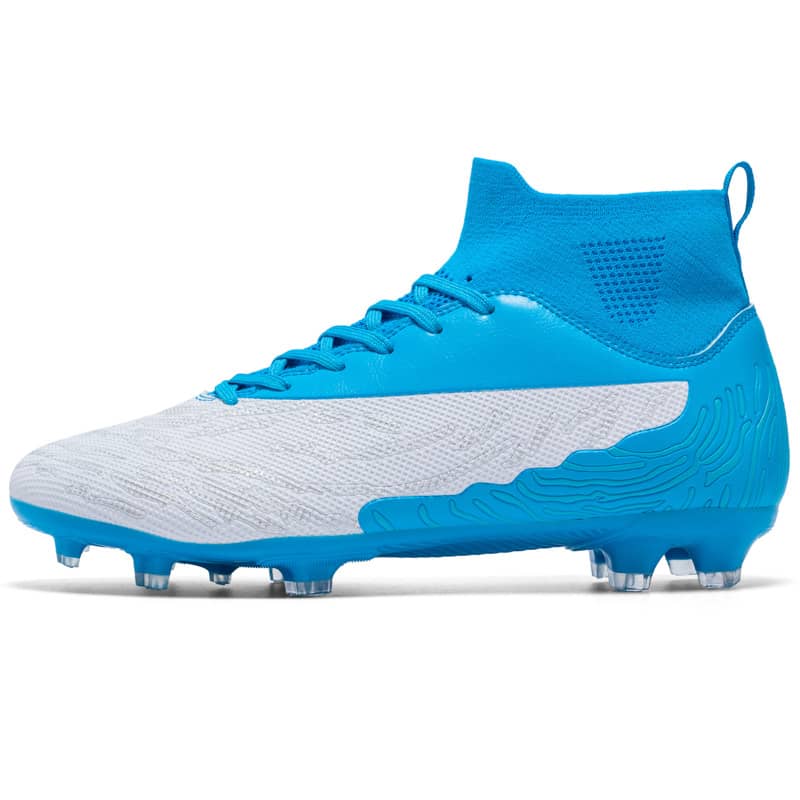 Blue and white soccer cleat on a white background
