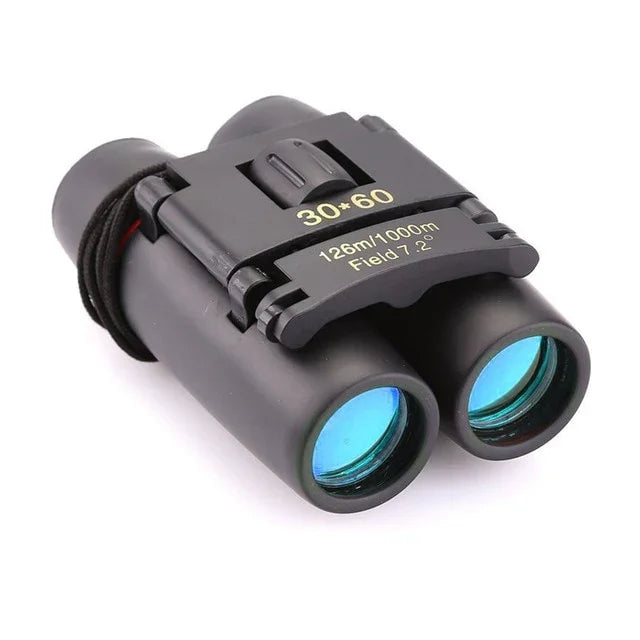 Black binoculars with blue lenses on a white background