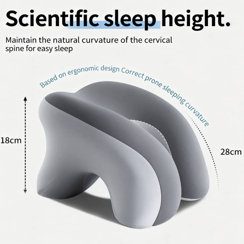 Gray cervical pillow with measurements and text about scientific sleep height on a white background
