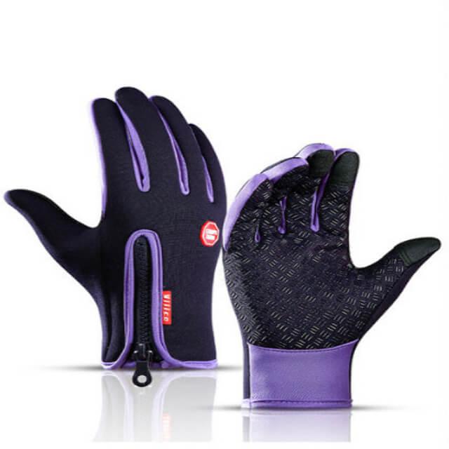 Black and purple fitness gloves with textured grip and zipper closure for outdoor workouts