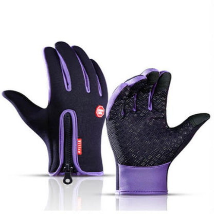 Black and purple fitness gloves with textured grip and zipper closure for outdoor workouts