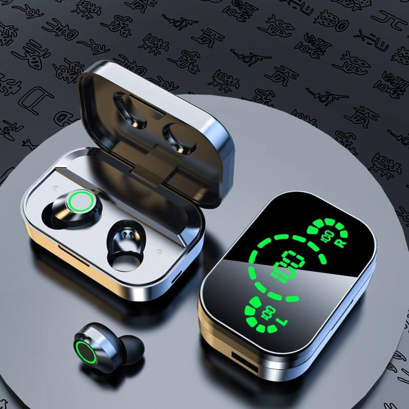 Wireless earbuds with charging case and LED display on modern background