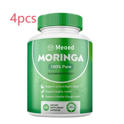 Moringa supplement bottle with green cap and label on a white background