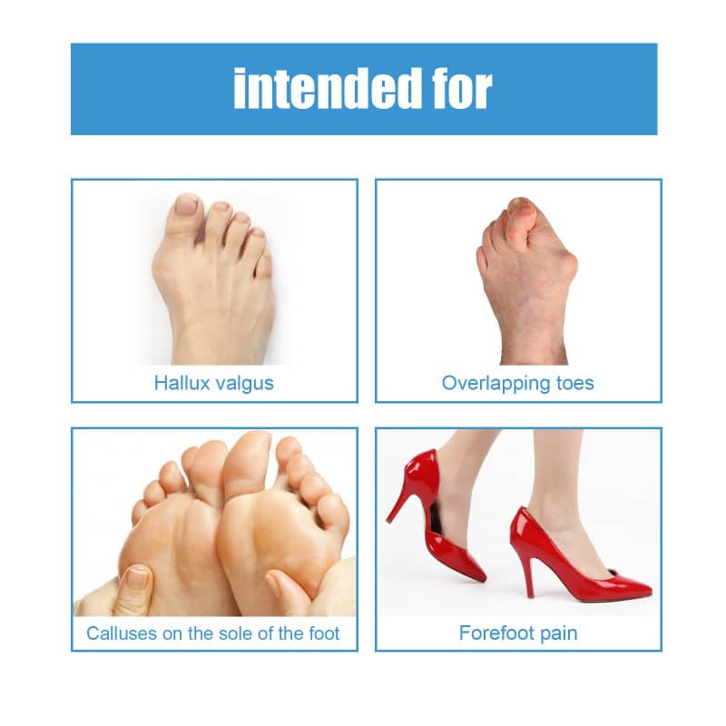 Illustrations of foot conditions and high heels with text indicating intended use.