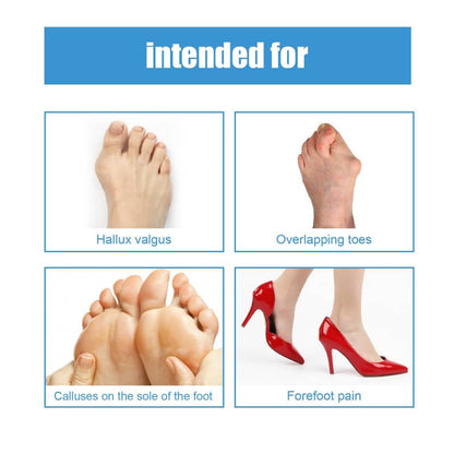 Illustrations of foot conditions and high heels with text indicating intended use.