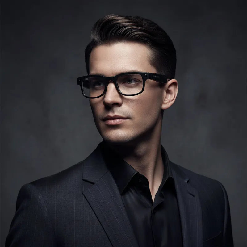 Black smart glasses with clear lenses, shown from a three-quarters perspective on a solid white background.
