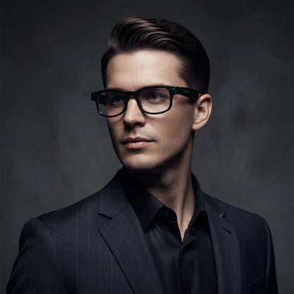 Black smart glasses with clear lenses, shown from a three-quarters perspective on a solid white background.