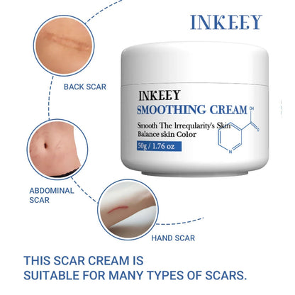 Scar cream jar for back, abdominal, and hand scars with product benefits highlighted.