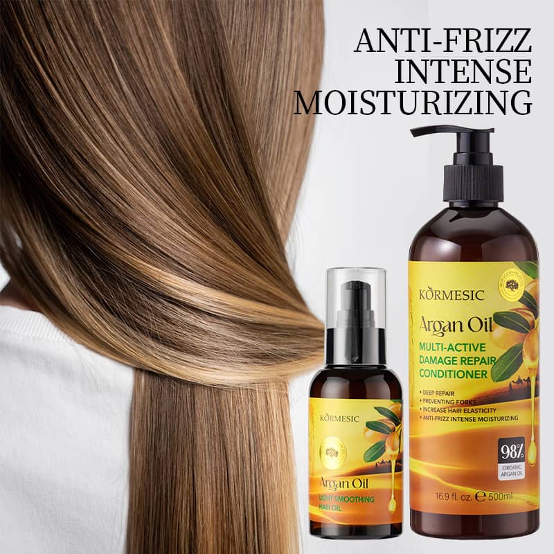 Körmésic Argan Oil hair care products with a close-up of smooth hair.
