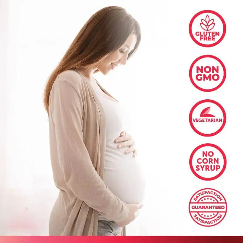 Smiling pregnant woman with gluten free, non-GMO, vegetarian, no corn syrup icons