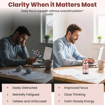 Two men at workstations with text about daily focus support.