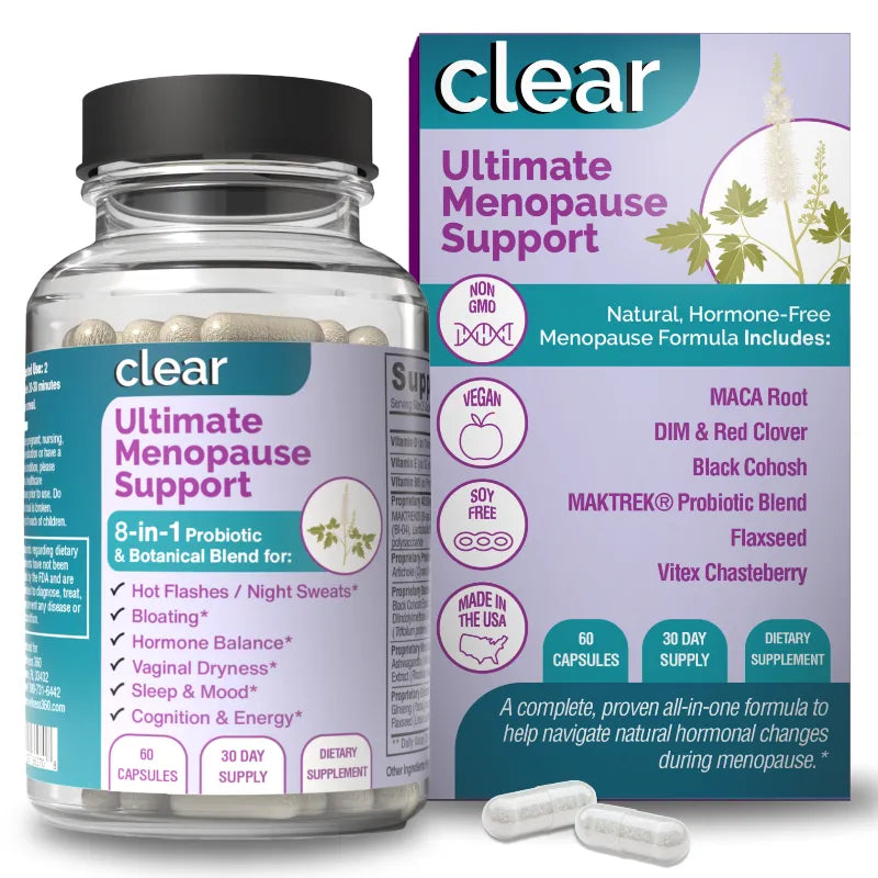 Clear Ultimate Menopause Support supplement bottle and packaging on a white background