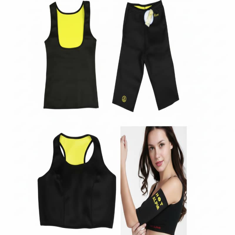 Black athletic wear with yellow accents on a white background
