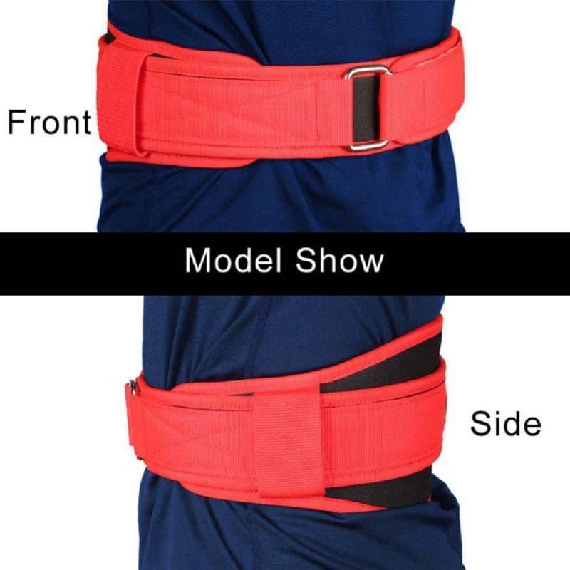 Bright red weight lifting belt shown on model from front and side, fitness support gear