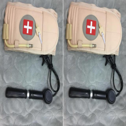 Two views of a medical device with a bandage-like cover on a textured gray background.