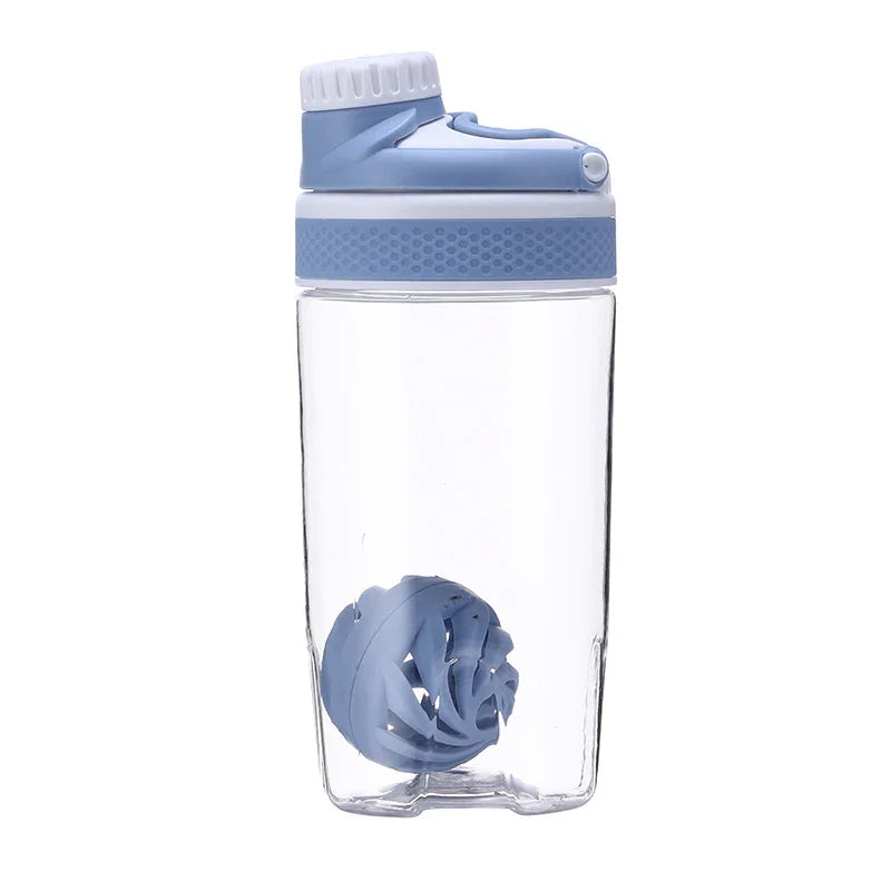 Clear water bottle with blue lid and blue ball on a white background