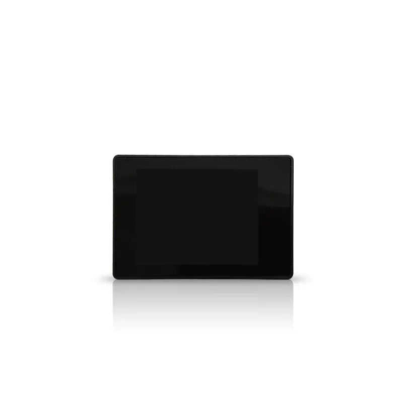 Rectangular black digital fitness equipment screen with reflection on white background