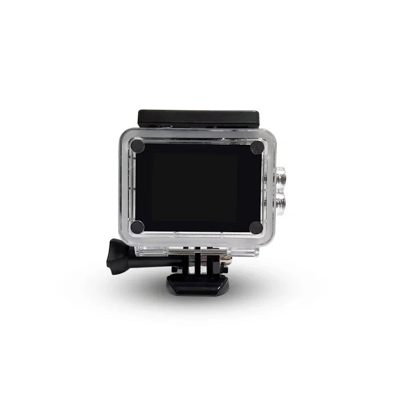 Action camera in waterproof case with LCD screen, isolated on white background