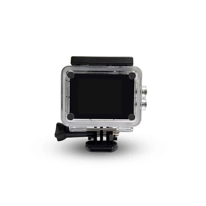 Action camera in waterproof case with LCD screen, isolated on white background