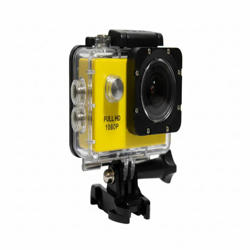 Yellow action camera in waterproof housing with wide-angle lens, Full HD 1080P mountable