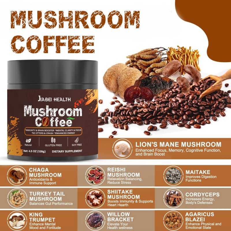 Mushroom coffee supplement with coffee beans and nine types of mushrooms, highlighting health benefits.