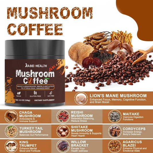 Mushroom coffee supplement with coffee beans and nine types of mushrooms, highlighting health benefits.
