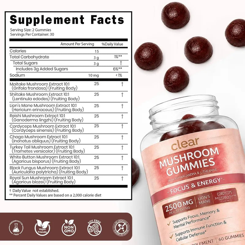 A jar of Clear Mushroom Gummies with a supplement facts label shown beside it, alongside several dark brown gummies on a white background.