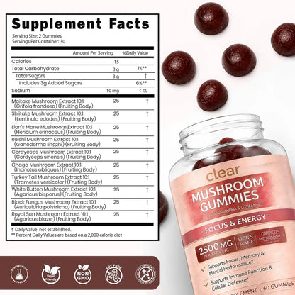 A jar of Clear Mushroom Gummies with a supplement facts label shown beside it, alongside several dark brown gummies on a white background.
