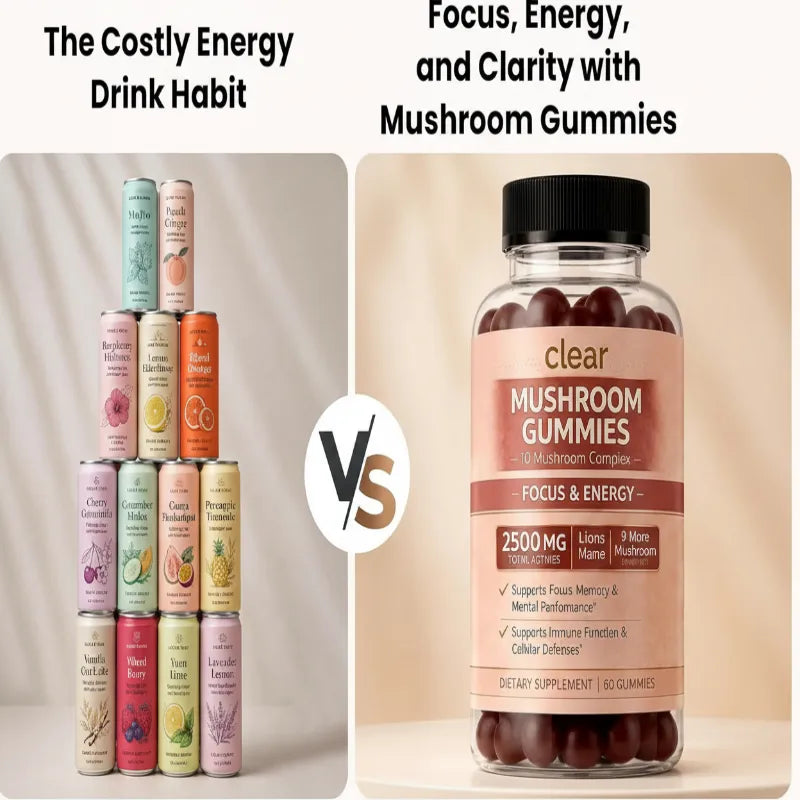 A promotional comparison graphic showing a pyramid of assorted beverage cans on the left and a bottle of Clear Mushroom Gummies on the right, with text comparing the cost and benefits of an energy drink habit versus mushroom gummies.