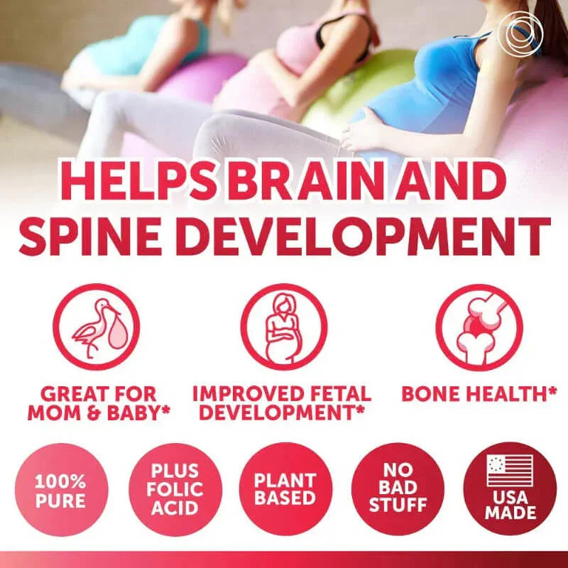 Pregnant women on exercise balls with text about brain and spine development, prenatal health, folic acid, plant-based, USA made.