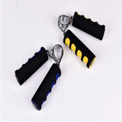 Two black hand grip strengtheners with blue and yellow accents designed for fitness workouts
