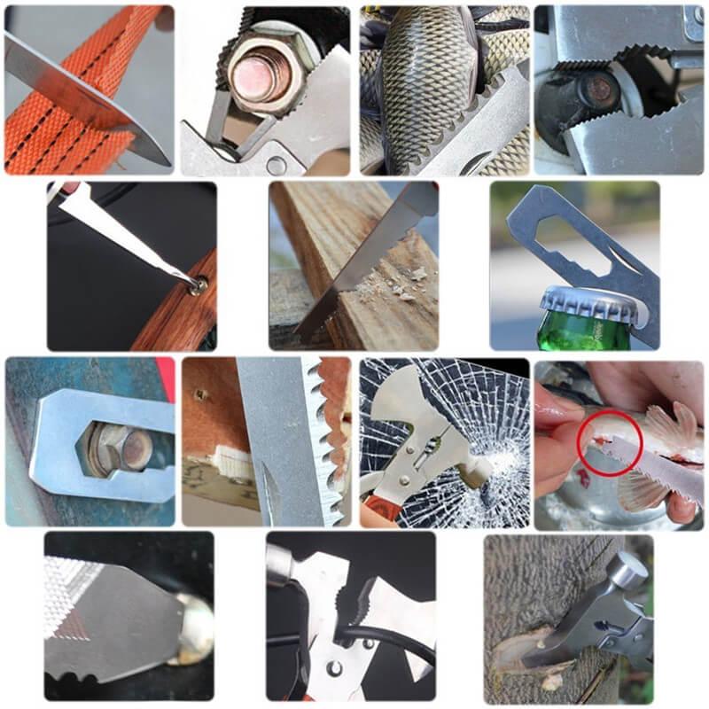 Multi-tool uses: cutting rope, tightening bolts, sawing wood, opening bottles, cracking nuts, breaking glass, scaling fish, and outdoor survival tasks.