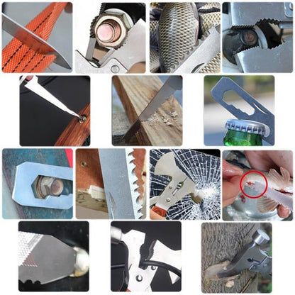 Multi-tool uses: cutting rope, tightening bolts, sawing wood, opening bottles, cracking nuts, breaking glass, scaling fish, and outdoor survival tasks.