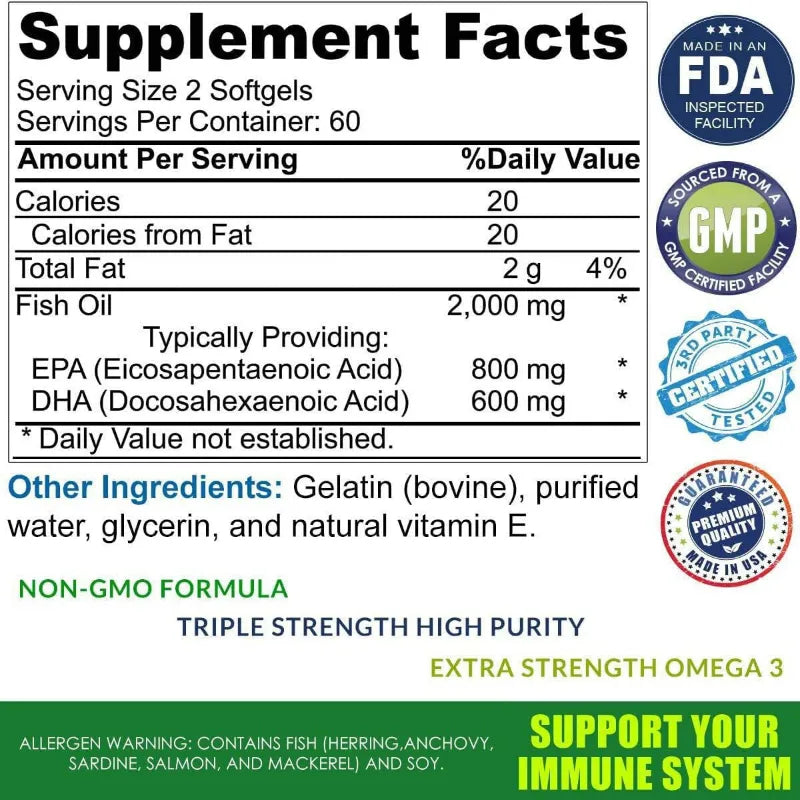 Supplement facts label for a fish oil supplement with certification logos.