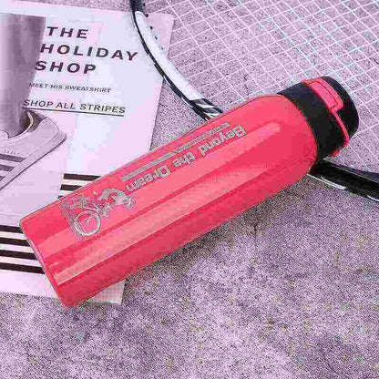 Red sports water bottle with black lid on tennis racket, fitness and outdoor gear
