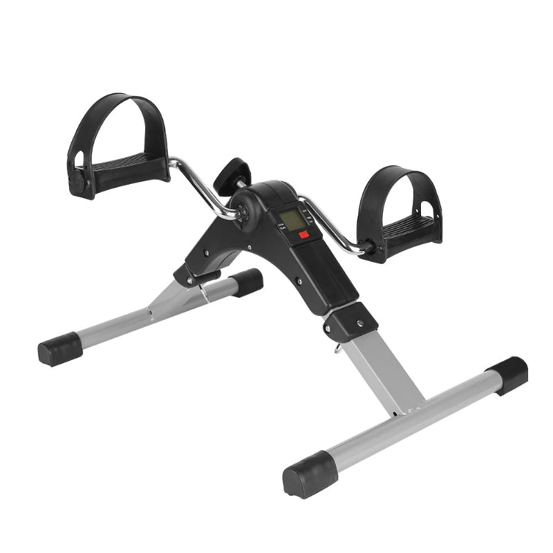 Black and silver exercise bike on a white background
