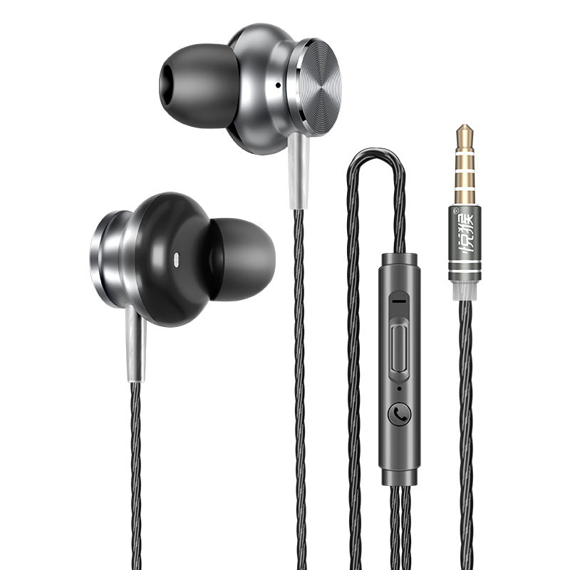 Silver and black earphones with a control cable on a white background