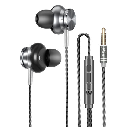 Silver and black earphones with a control cable on a white background