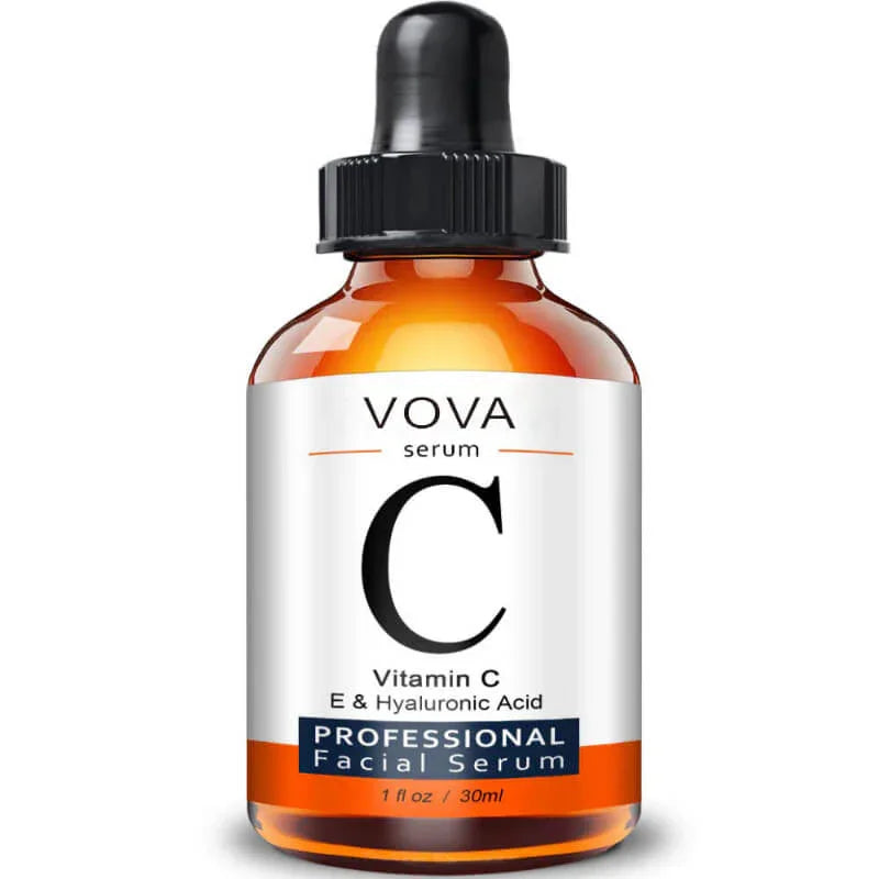Amber dropper bottle labeled VOVA Vitamin C serum with E and hyaluronic acid, 30ml size