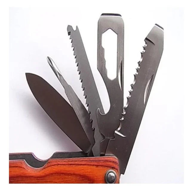 Multi-tool pocket knife with wood handle and open stainless steel blades for outdoor gear