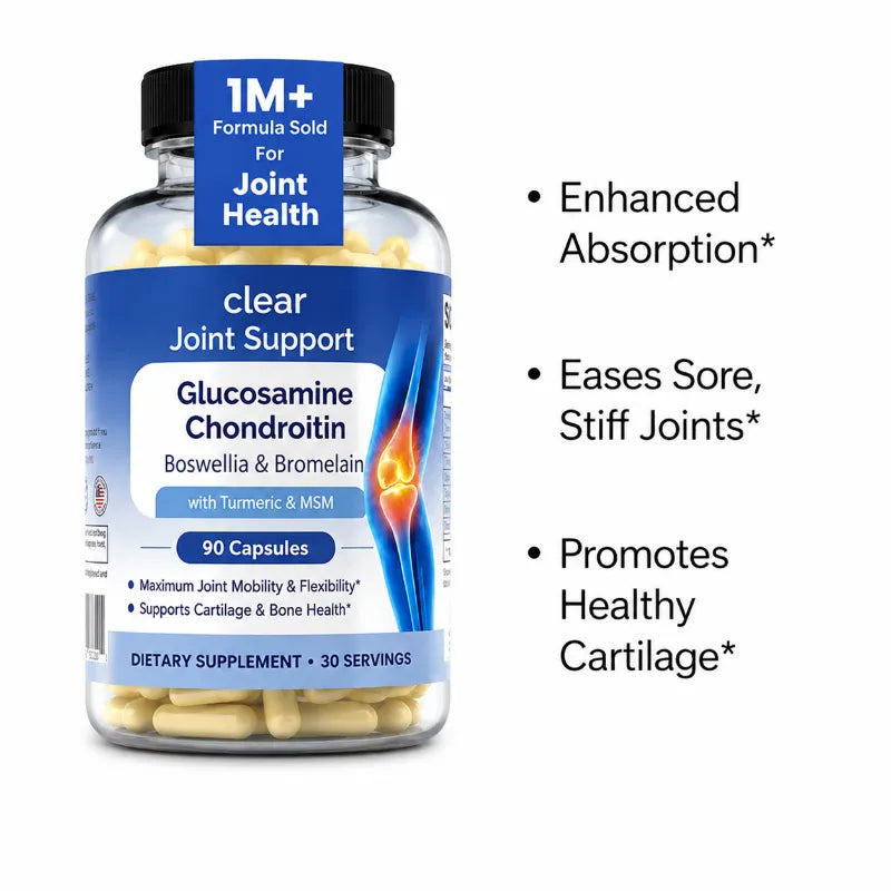 A bottle of Clear Joint Support Glucosamine Chondroitin dietary supplement with 90 capsules, shown on a white background with three bullet points describing benefits. The bottle has a blue and white label with a black cap, and the capsules inside are visible through the clear bottle.