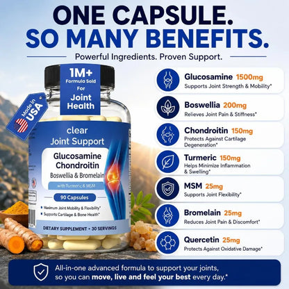 A bottle of Clear Joint Support Glucosamine Chondroitin Boswellia and Bromelain dietary supplement, shown with a large infographic of benefits on a blue background with turmeric and joint imagery.