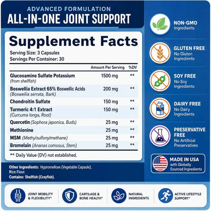 A blue and white supplement facts label for Advanced Formulation All-In-One Joint Support, showing a supplement facts panel with ingredients listed and several feature icons along the right side and bottom.