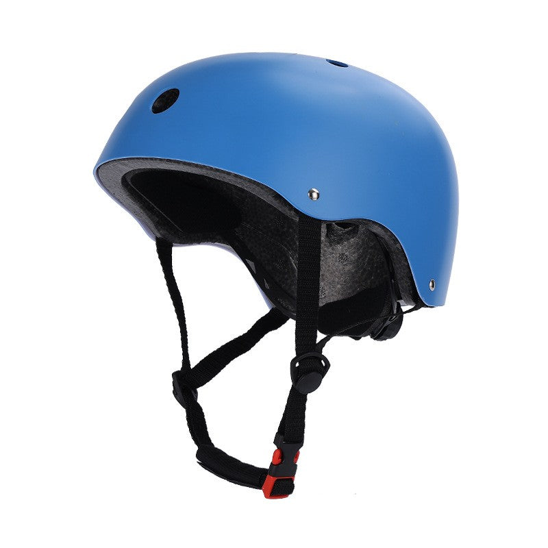 Blue helmet with black straps on a white background