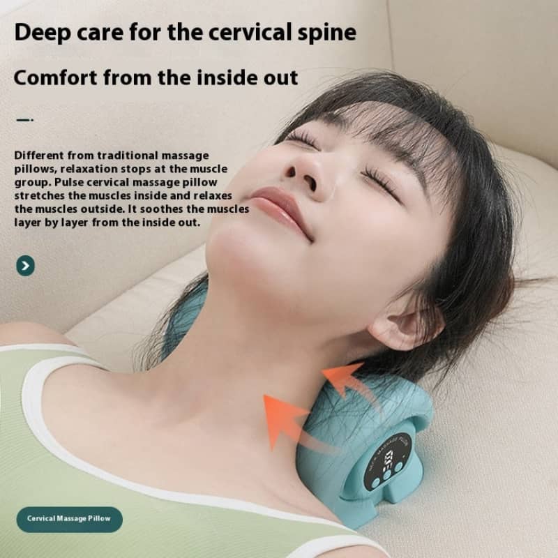 Woman using a cervical massage pillow with text about its benefits.