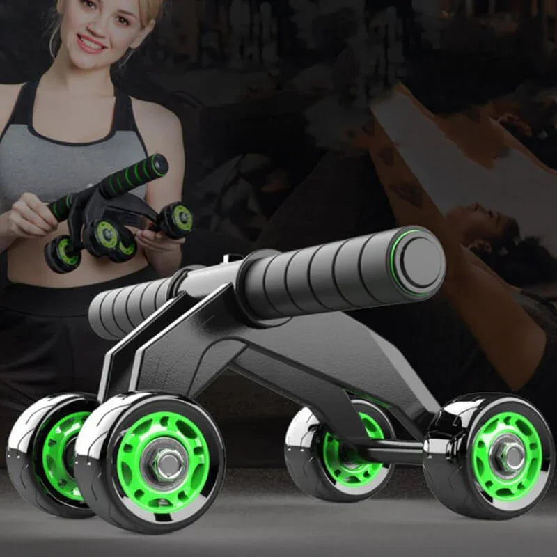 Ab roller exercise machine with green wheels on a dark background