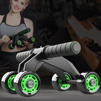 Ab roller exercise machine with green wheels on a dark background