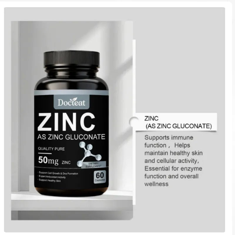 A bottle of DocTeat Zinc As Zinc Gluconate dietary supplement, 50mg, shown on a light gray background with informational text on the right.