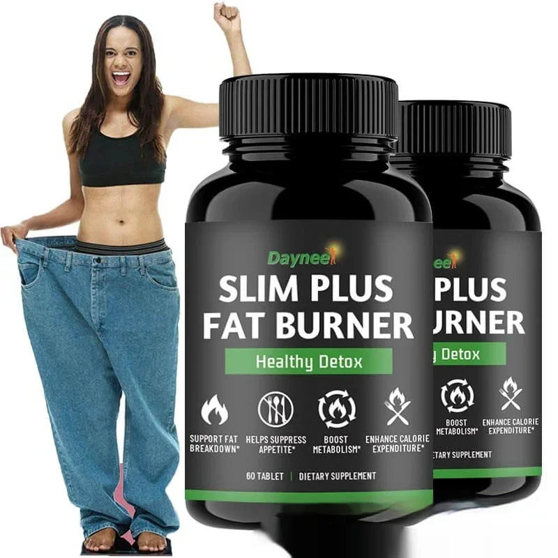 Woman celebrating weight loss with oversized jeans, Daynee Slim Plus Fat Burner supplement bottles