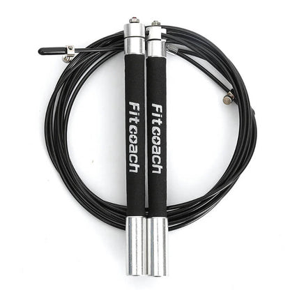 Adjustable speed jump rope with black foam handles and steel cable for cardio workouts